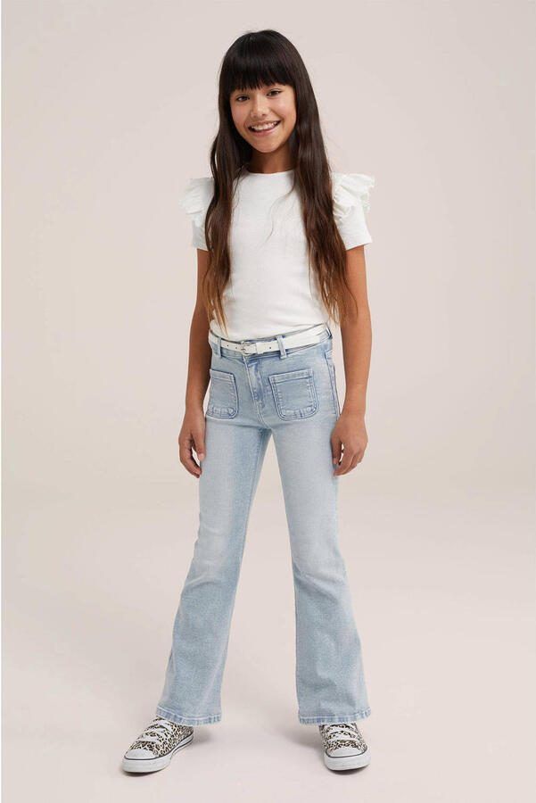 WE Fashion T-shirt met ruches wit Meisjes Stretchkatoen Ronde hals Effen 110 116 - Foto 4