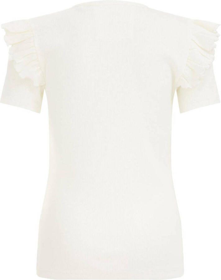 WE Fashion T-shirt met ruches wit Meisjes Stretchkatoen Ronde hals Effen 110 116 - Foto 2