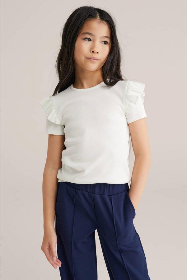 WE Fashion T-shirt met ruches wit Meisjes Stretchkatoen Ronde hals Effen 110 116 - Foto 3