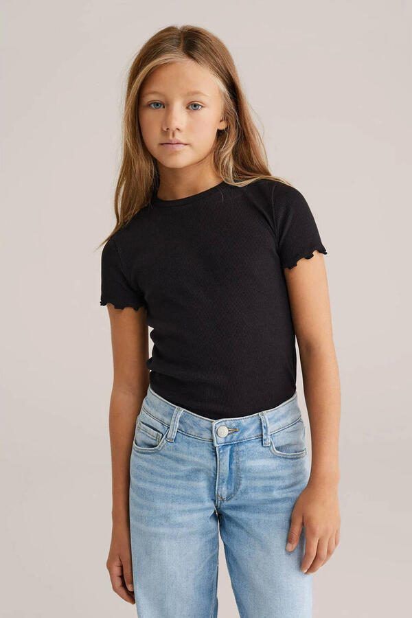 WE Fashion T-shirt rib gebreid wit zwart (set van 2)