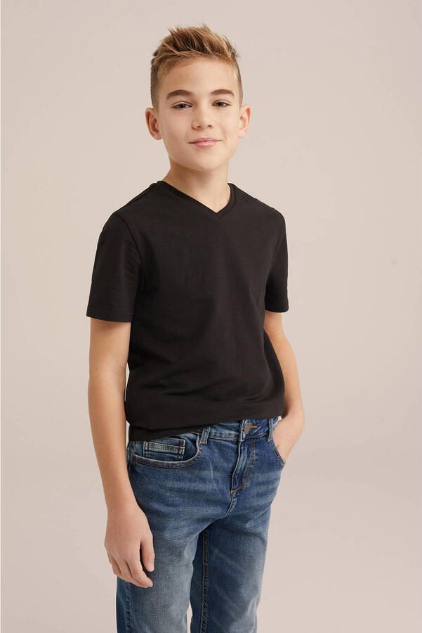 WE Fashion T-shirt set van 2 zwart Jongens Stretchkatoen V-hals Effen 110 116