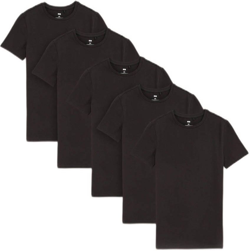 WE Fashion t-shirt set van 5 zwart Jongens Stretchkatoen Ronde hals Effen 134 140