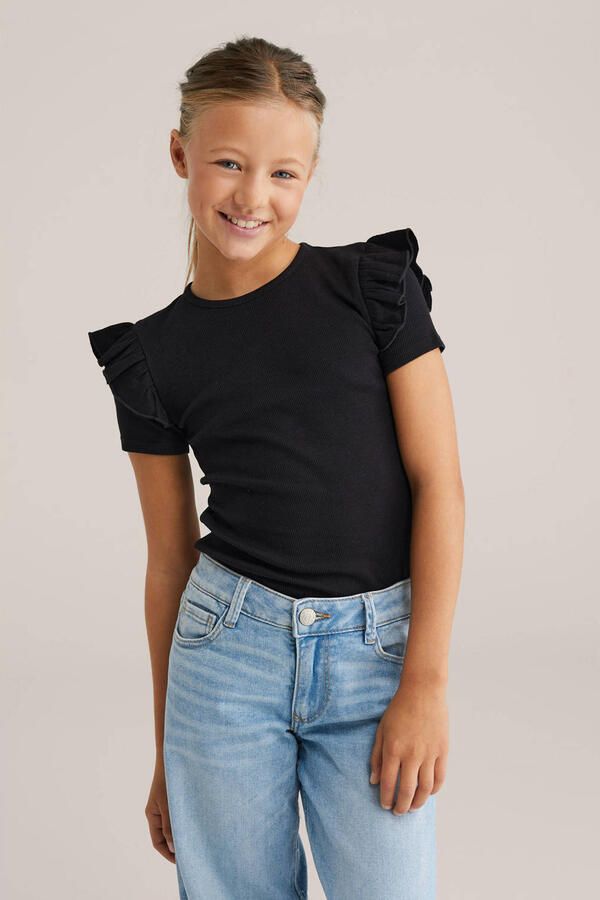 WE Fashion T-shirt black uni Zwart Meisjes Stretchkatoen Ronde hals Effen 110 116 - Foto 3