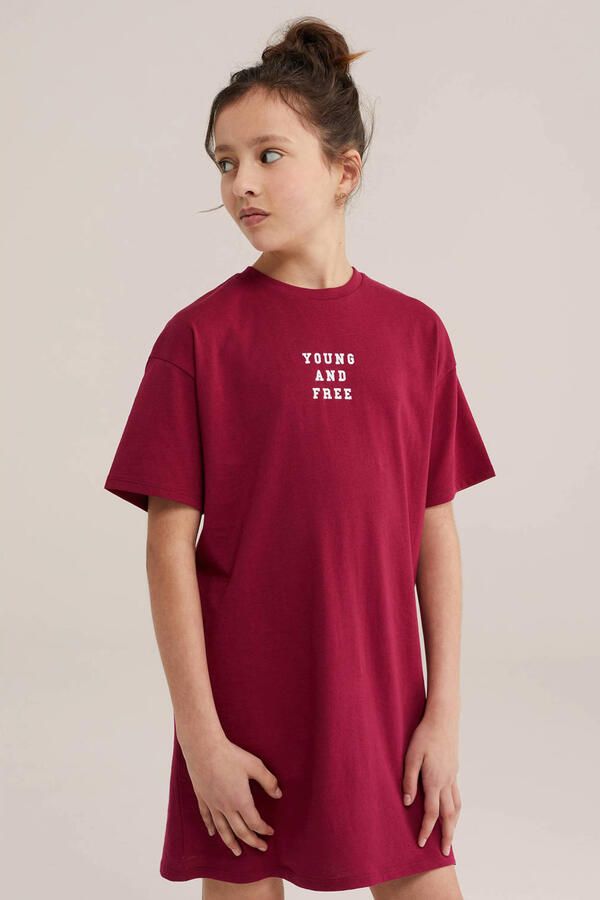 WE Fashion T-shirtjurk korte jurk met backprint donkerrood