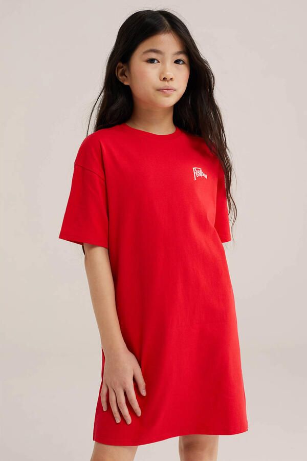 WE Fashion T-shirtjurk korte jurk met backprint rood