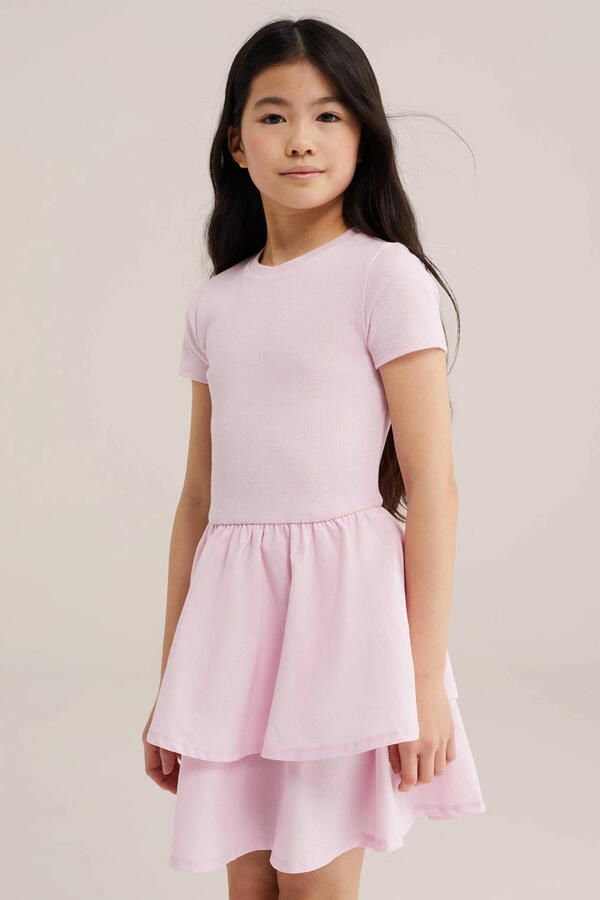 WE Fashion T-shirtjurk korte jurk rib gebreid lichtroze