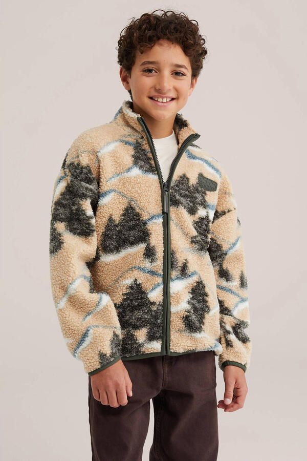 WE Fashion teddy fleecevest met print beige groen