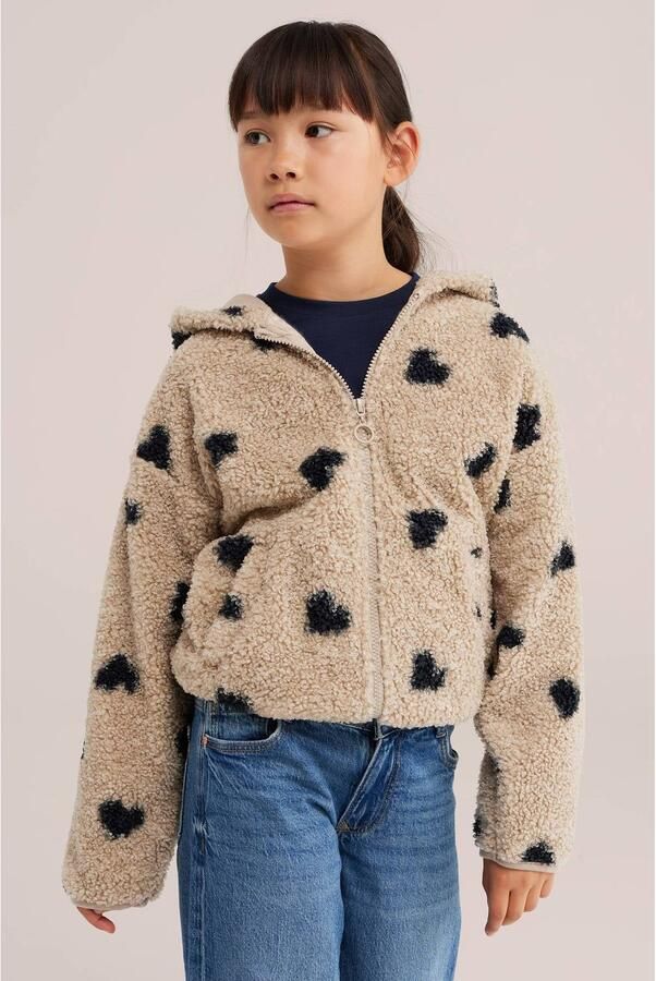 WE Fashion teddy winterteddyjas met hartjes zand Beige Hartjes