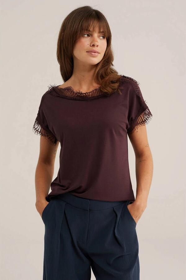 WE Fashion top met kant donkerpaars