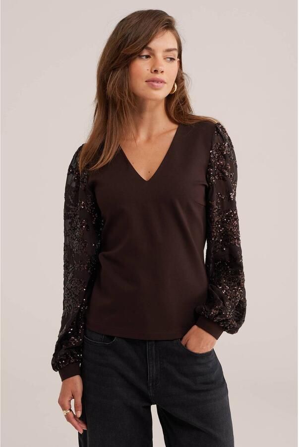 WE Fashion top met pailletten donkerbruin