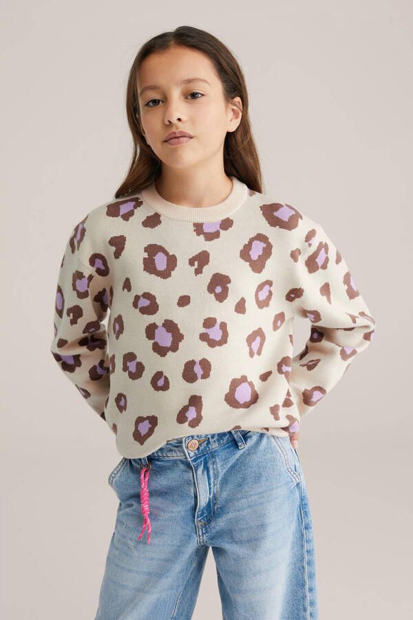 WE Fashion trui met panterprint beige fijn gebreid
