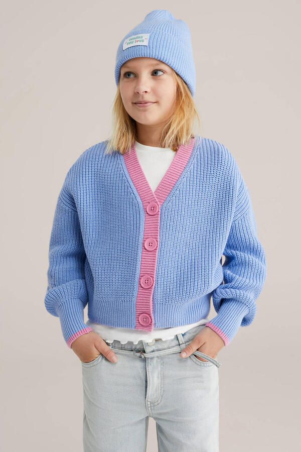 WE Fashion vest blauw rib gebreid
