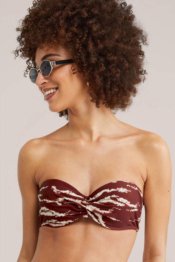 WE Fashion voorgevormde strapless bandeau bikinitop donkerrood ecru