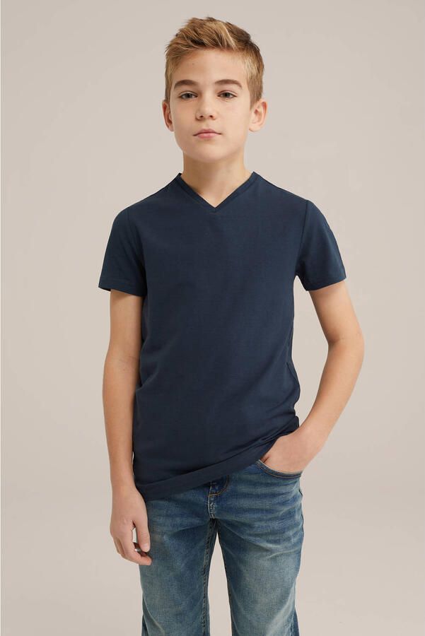 WE Fashion basic T-shirt donkerblauw Jongens Stretchkatoen V-hals Effen 122 128
