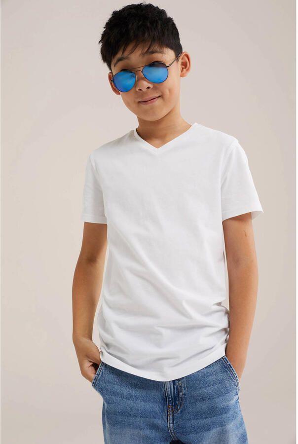 WE Fashion basic T-shirt wit Jongens Stretchkatoen V-hals Effen 110 116