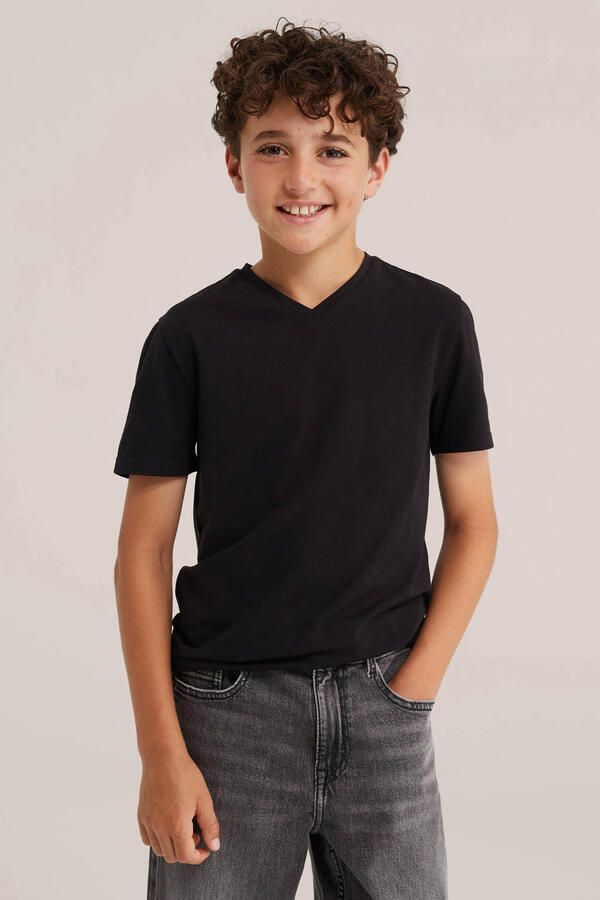 WE Fashion basic T-shirt zwart Jongens Stretchkatoen V-hals Effen 146 152