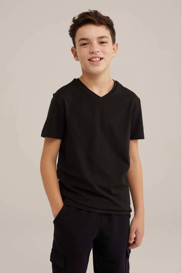 WE Fashion basic T-shirt zwart Jongens Stretchkatoen V-hals Effen 170 176