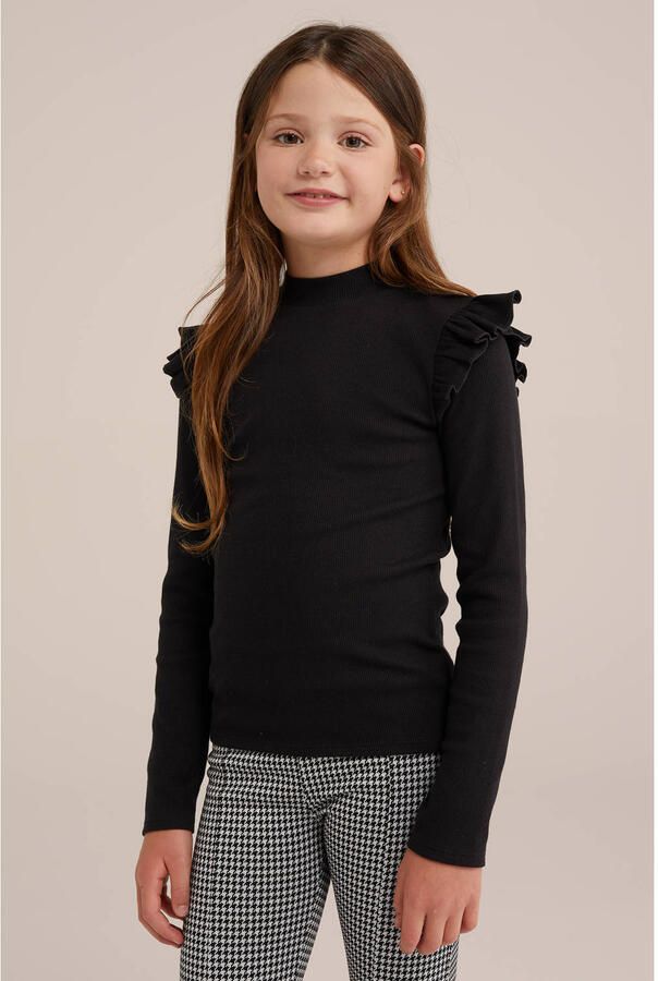 WE Fashion longsleeve met ruches zwart Meisjes Stretchkatoen Ronde hals 110 116