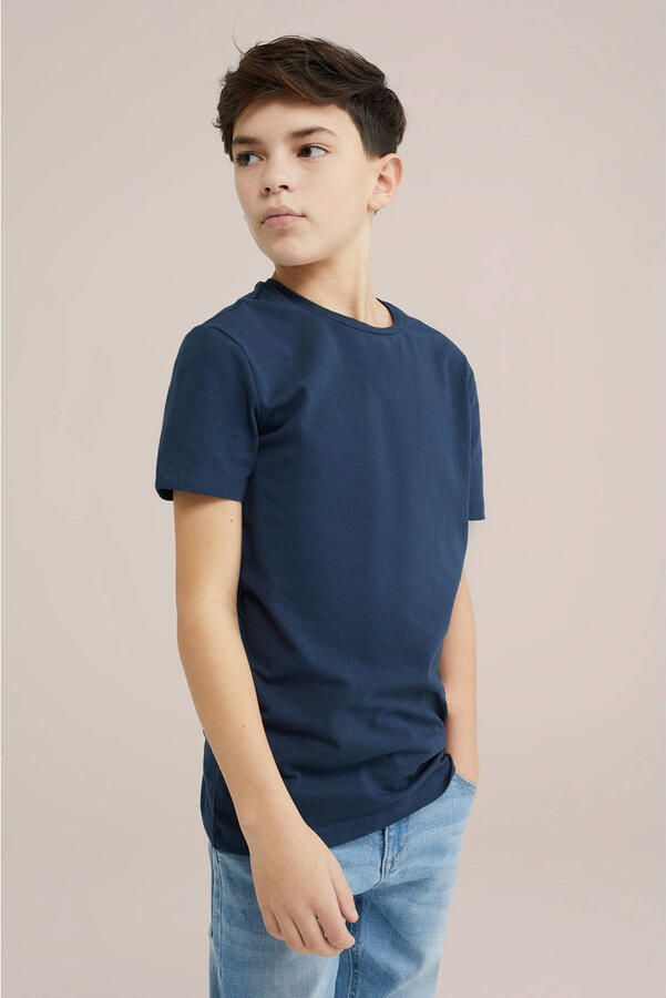 WE Fashion T-shirt set van 2 donkerblauw Jongens Stretchkatoen Ronde hals 110 116 - Foto 3