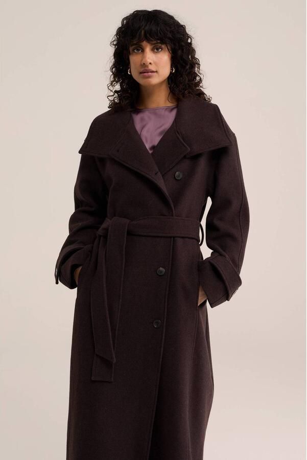 WE Fashion WE STUDIO wintermantel met ceintuur en wol donkerbruin