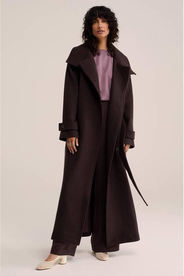 WE Fashion WE STUDIO wintermantel met ceintuur en wol donkerbruin - Foto 3