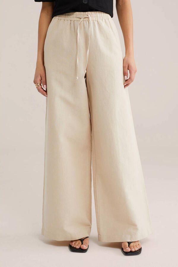 WE Fashion wide leg high waist broek met linnen beige
