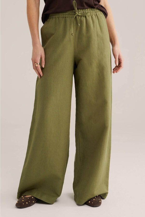 WE Fashion wide leg high waist broek met linnen olijfgroen