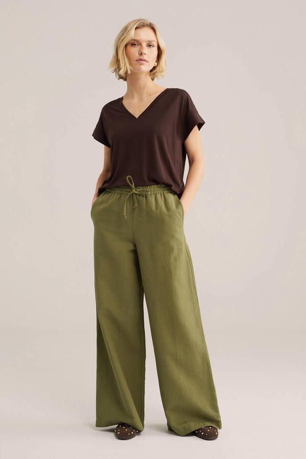 WE Fashion wide leg high waist broek met linnen olijfgroen - Foto 2