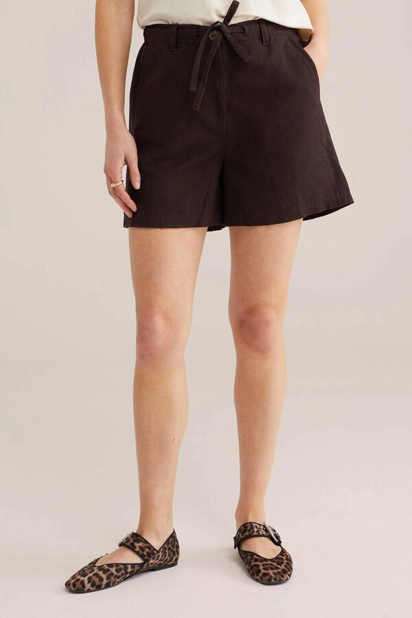 WE Fashion wide leg high waist casual short met linnen donkerbruin