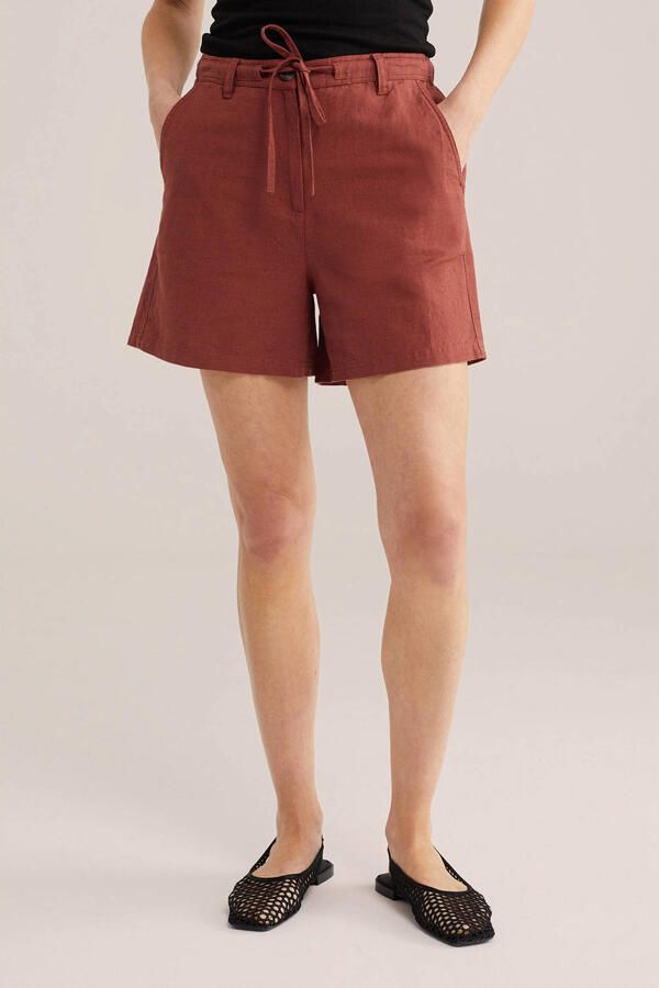 WE Fashion wide leg high waist casual short met linnen roodbruin