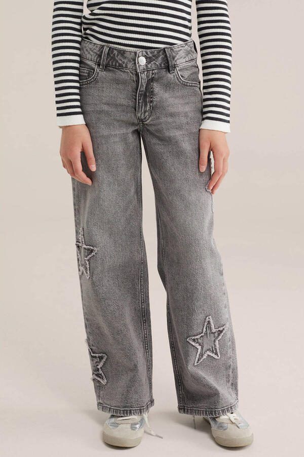 WE Fashion Blue Ridge wide leg jeans met patches grijs