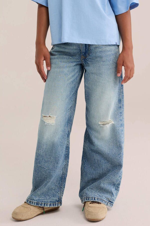 WE Fashion wide leg jeans met slijtage blauw