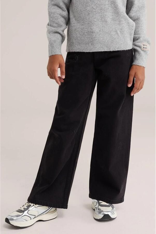 WE Fashion wide leg jeans met strass-steentjes black denim Zwart Effen