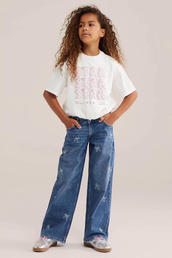 WE Fashion Blue Ridge wide leg jeans met strass-steentjes en print mediumblauw