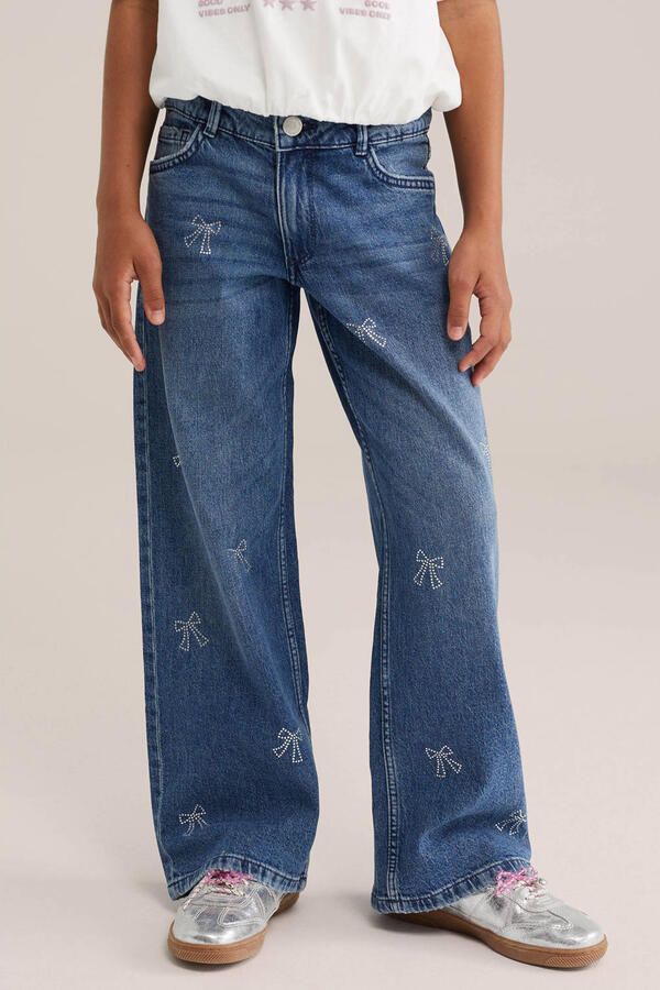 WE Fashion Blue Ridge wide leg jeans met strass-steentjes en print mediumblauw - Foto 2