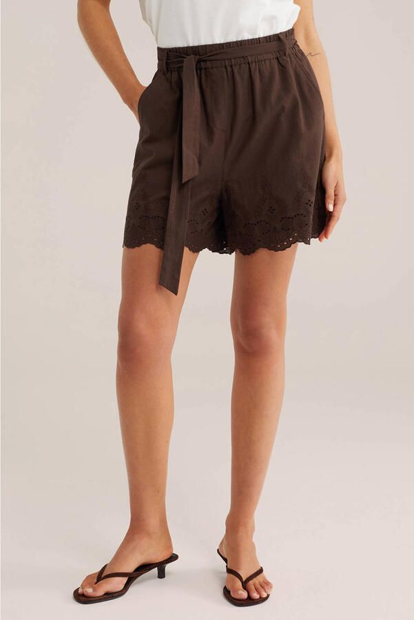WE Fashion wide leg regular waist casual short bruin broderie