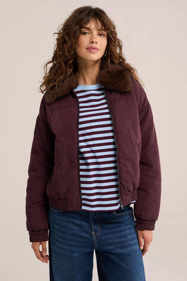 WE Fashion winterjas met imitatiebontkraag donkerrood