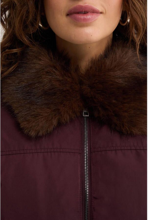 WE Fashion winterjas met imitatiebontkraag donkerrood - Foto 2