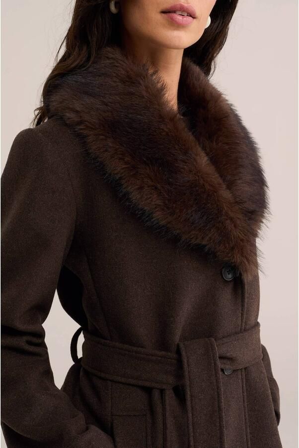 WE Fashion wintermantel met ceintuur imitatiebontkraag en wol bruin - Foto 3