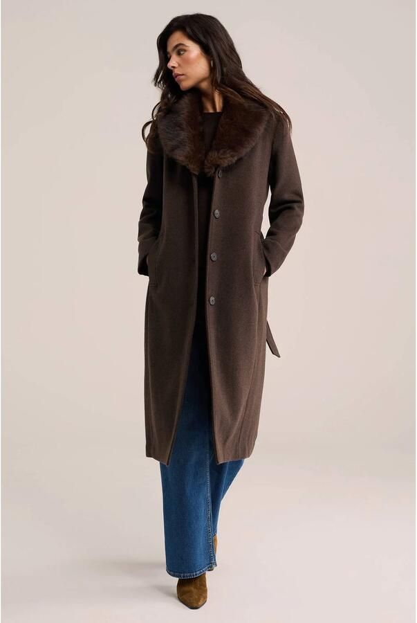 WE Fashion wintermantel met ceintuur imitatiebontkraag en wol bruin - Foto 2