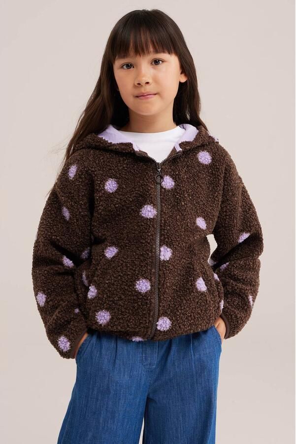 WE Fashion winterteddyjas met stippen donkerbruin lila Hartjes - Foto 1