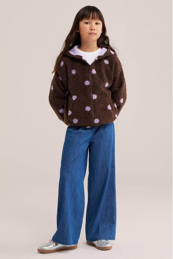 WE Fashion winterteddyjas met stippen donkerbruin lila Hartjes - Foto 2