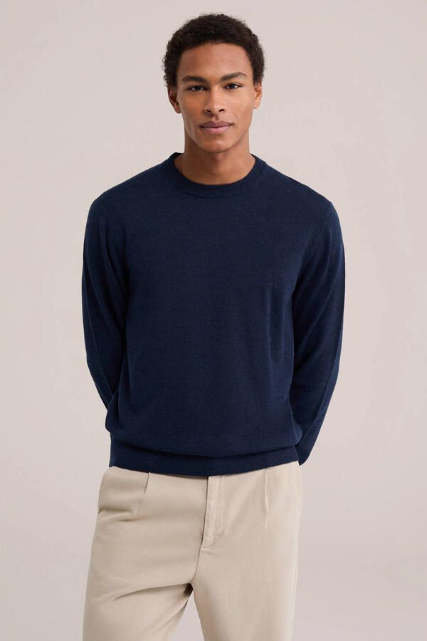 WE Fashion wollen regular fit gebreide trui donkerblauw