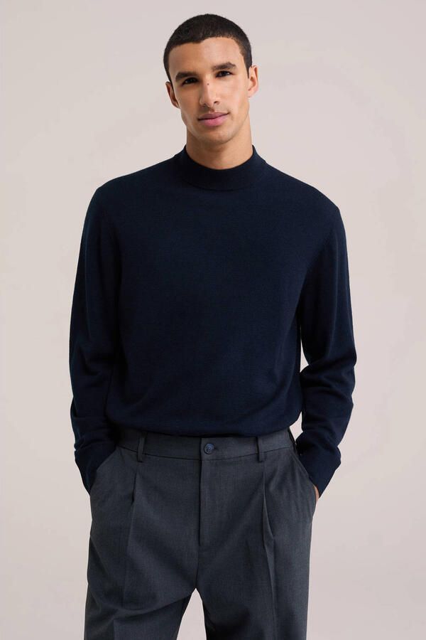 WE Fashion wollen regular fit gebreide trui donkerblauw