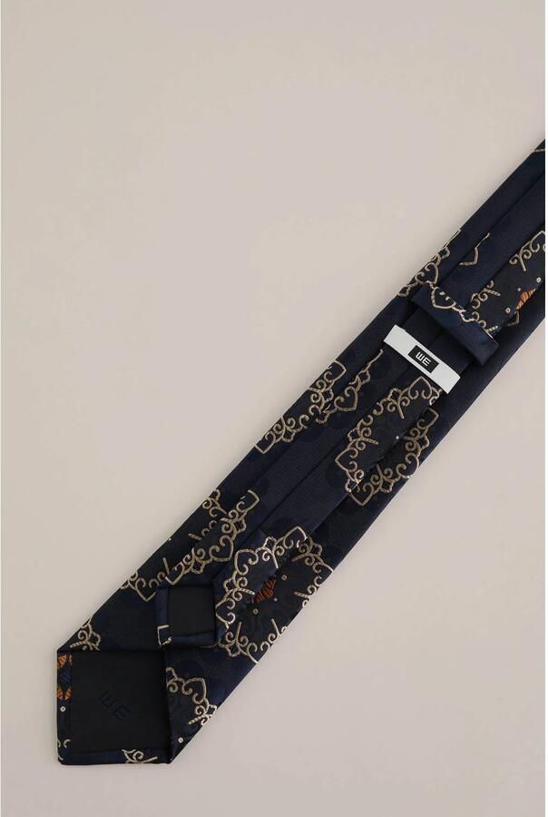WE Fashion zijden stropdas met print donkerblauw - Foto 2