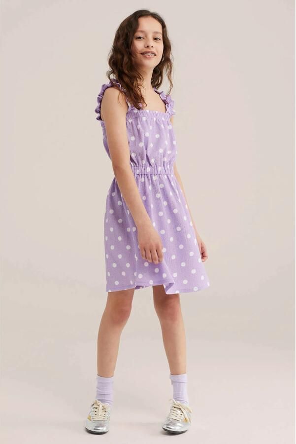 WE Fashion zomerjurk met stippen en ruches lila - Foto 2
