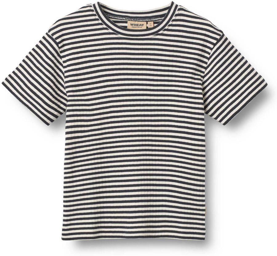 Wheat gestreepte T-shirt donkerblauw rib gebreid