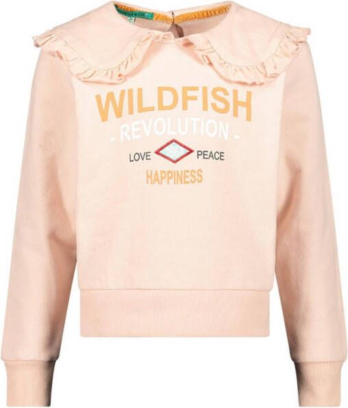 Wildfish sweater Kiek met tekst en ruches lichtroze Tekst 140