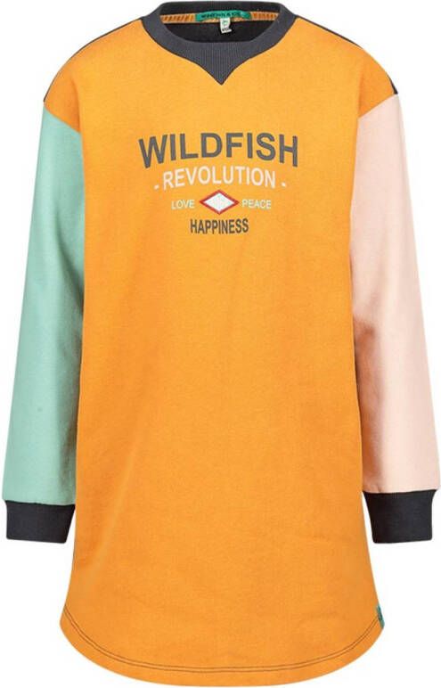 Wildfish T-shirtjurk Kyona van biologisch katoen geel donkergrijs lichtblauw 104