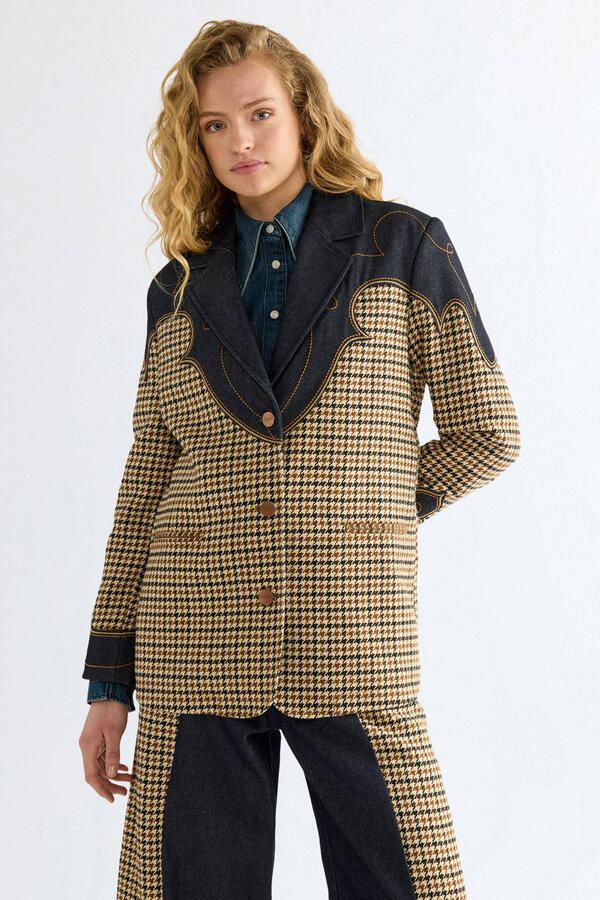 Wrangler denim regular fit geruite blazer bruin